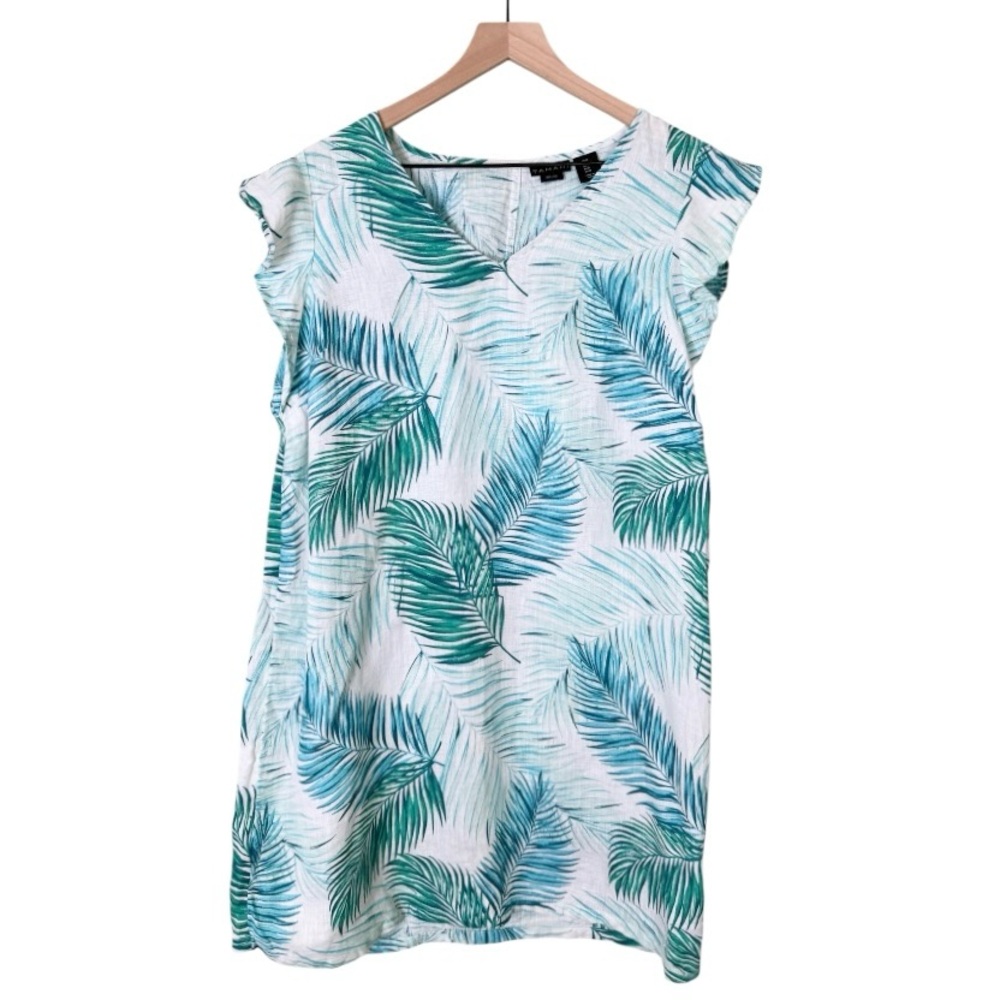 Tahari 100% Linen Palm Leaf Flutter Sleeve V Neck Shift Dress Green Blue Medium